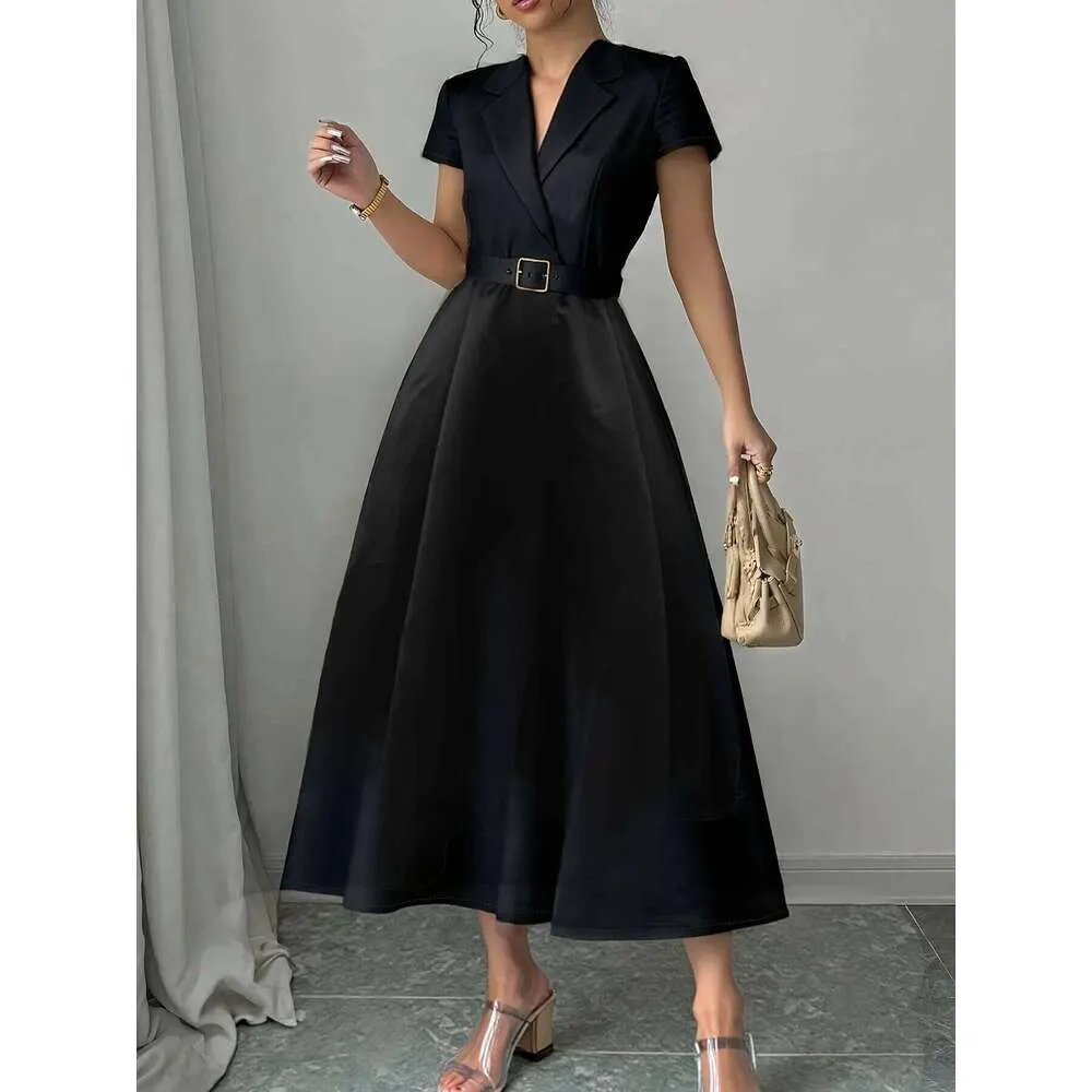 a line dress with belt Women Satin Pleated A-Line Lapel Collar Short Sleeve Mid-Calf Length Black from Dhgate Basic & Casual Dresses Fit:Long 90's TV icons inspired anniversary dress Yellow up sleeves with gold