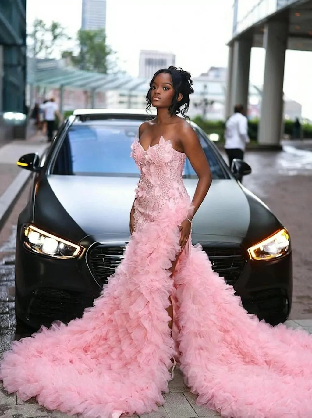 pearl pink mermaid prom dress Dusty Pink Strapless Ruffles Mermaid Prom Dress Long With Slit