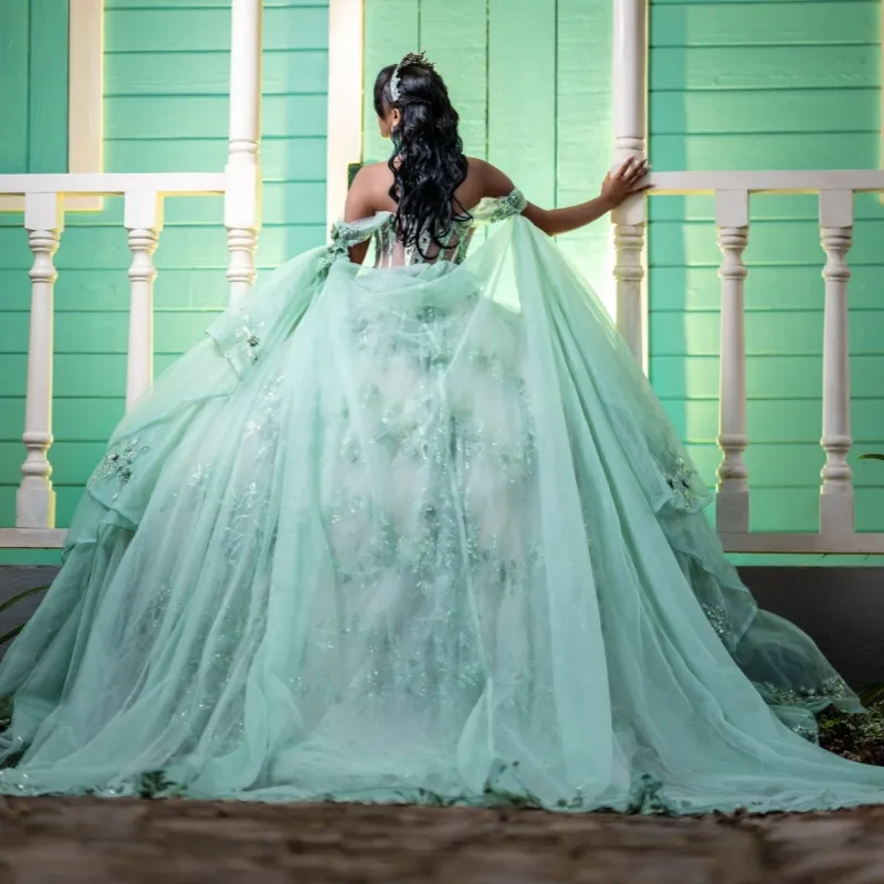 pastel green quince dress Light Green Tiered Quinceanera Dresses Spaghetti Strap Sweet 16 Dress 21500 Custom Colors / US14