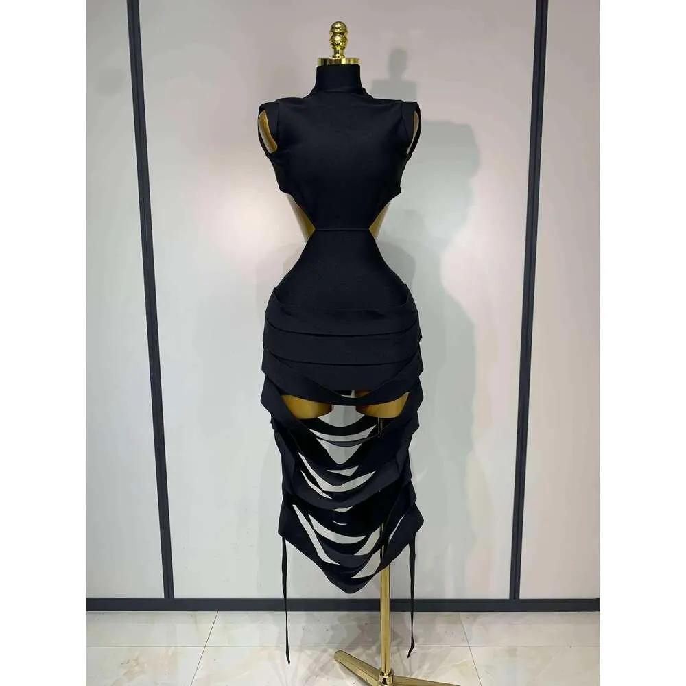 black midi dress high neck Arrival Summer Style Sexy Cut Out Button Stretchy Elastic Bandage Dress 2022 Celebrity Designer Evening Party Dress Vestidos Black / L