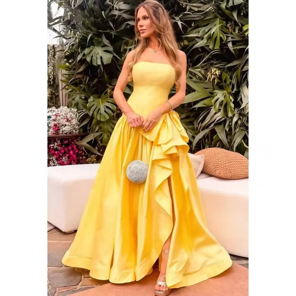 yellow birthday dress for women Yellow Jacquard Corset Long Dress for Women V Neck Halter Bow Summer  Evening Birthday Dresses Pink White 2025 New Wedding Guest