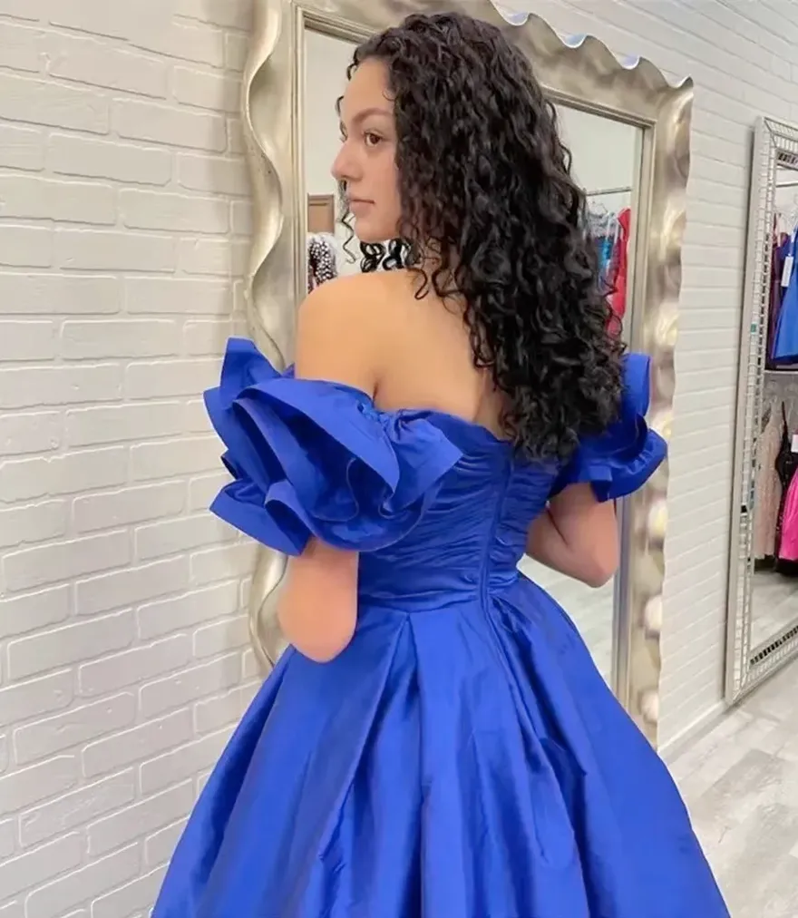 royal blue off the shoulder formal dress Royal Blue Tulle Off-Shoulder Rhinestones Long Prom Dress with Slit