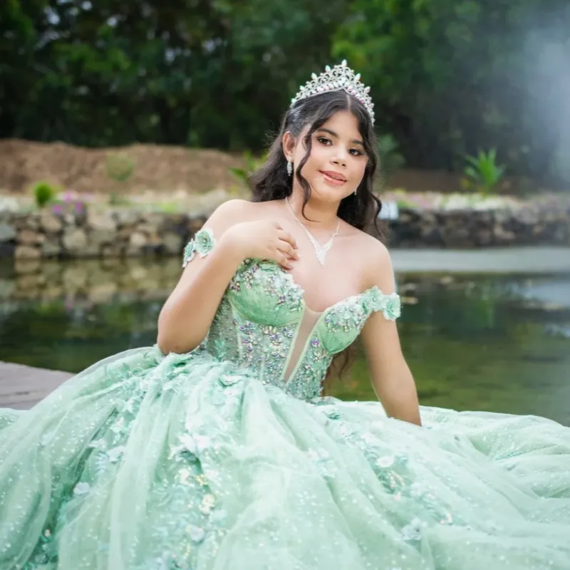 quinceanera dresses neon green Light Green Quinceanera Dresses Off Shoulder... From Leiel123, Rs.31,068.76