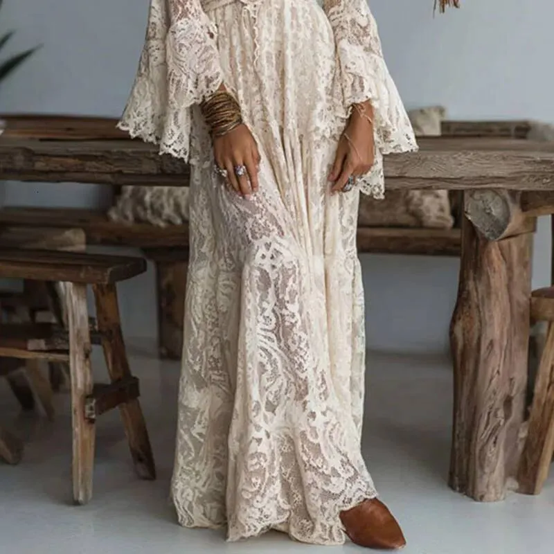 flare sleeve hollow out lace embroidery dress Vintage Flowers Embroidered Hollow Out Lace Dress High Neck Long Lante ETERNA