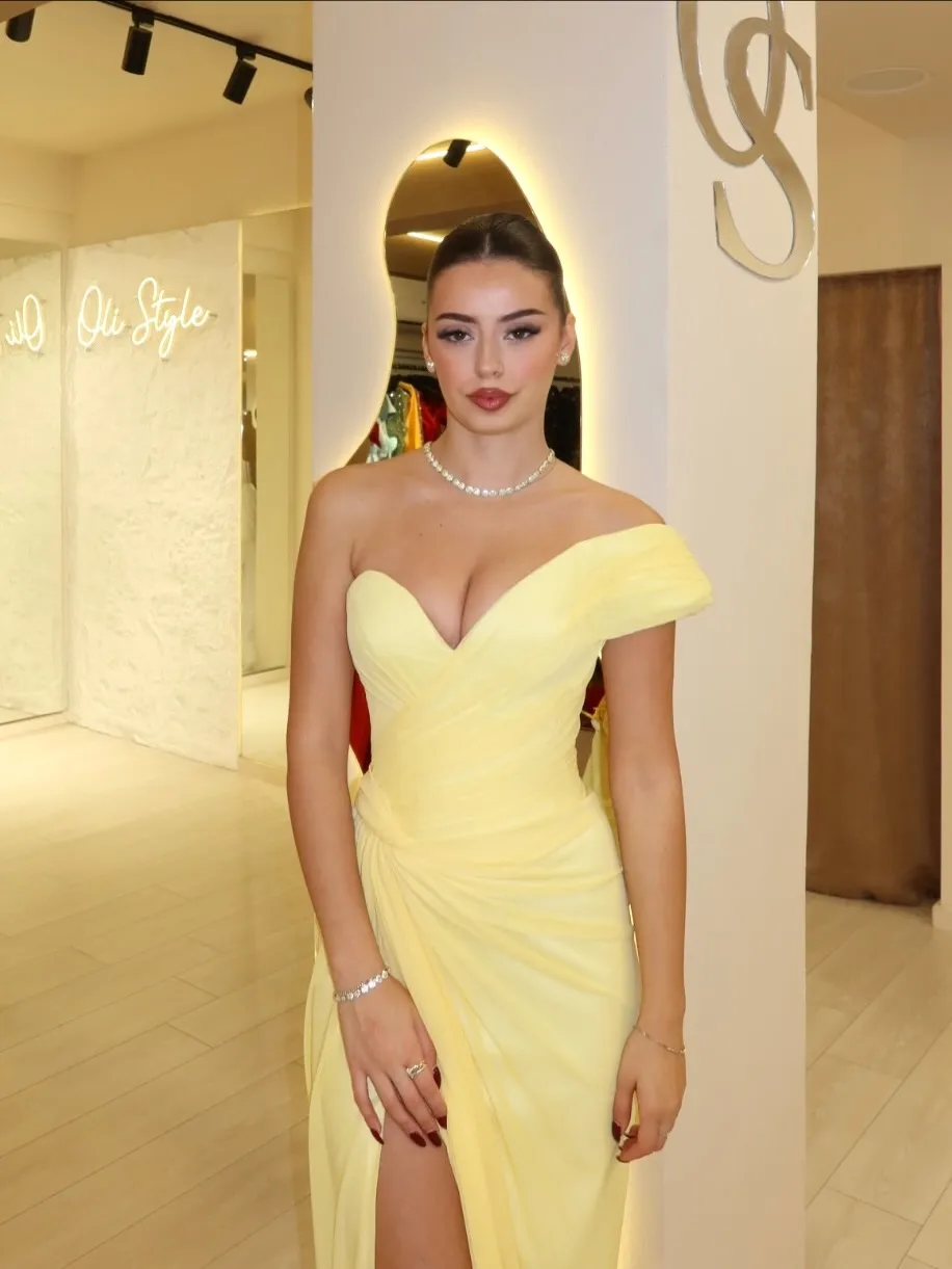 yellow chiffon one shoulder dress The Costa