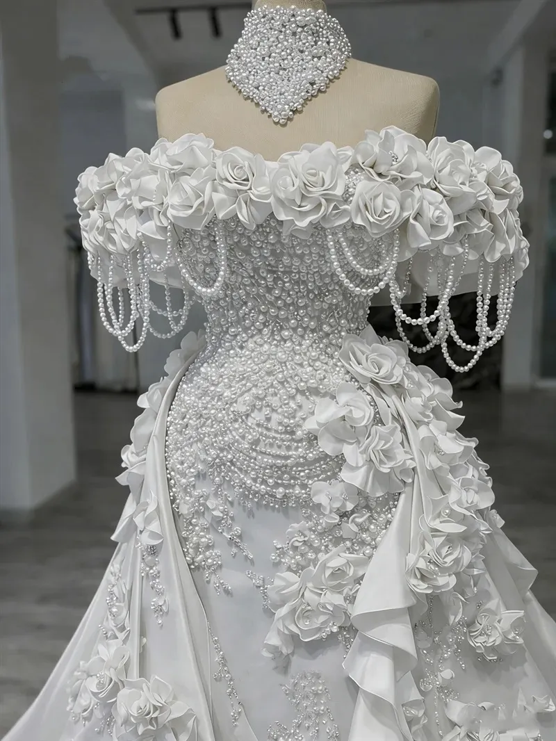 Gorgeous Mermaid Evening Dresses - Handmade Pearls & 3D Flowers - Off Shoulder Detachable Train Prom Gown