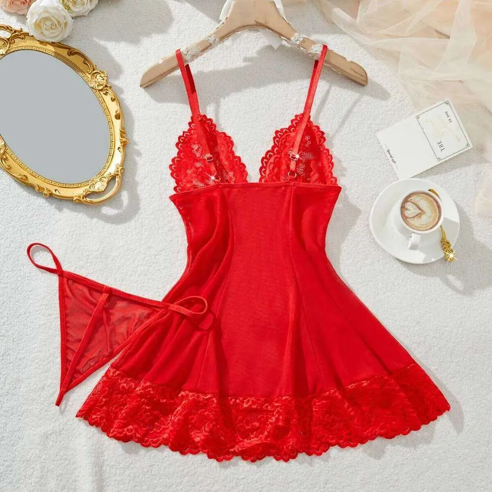lace lingerie night dress Sexy Lace Lingerie Set For Women, Red Hot Sleepwear Nightdress, VNeck Sheer Lace Camisole, Matching Panties, Romantic - Red m