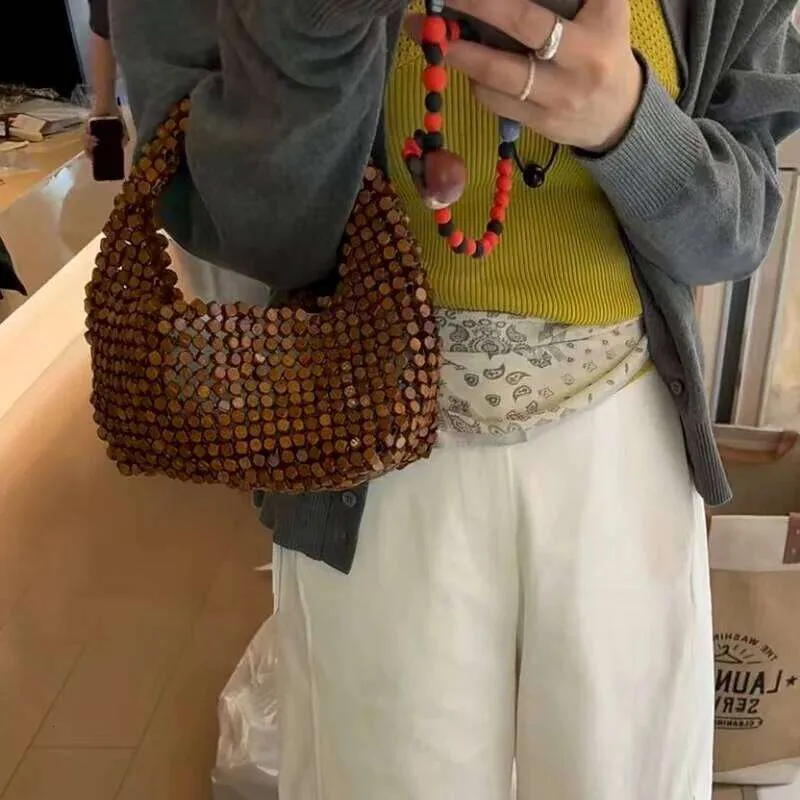 Luxuriöse Gewebte Strandtasche Aus Holzperlen Für Damen_voghion.com