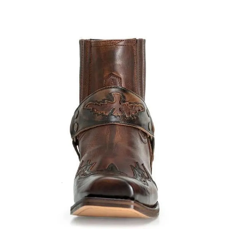 Men's Black Leather Western Cowboy Ankle Boots With Harness Strap_voghion.com