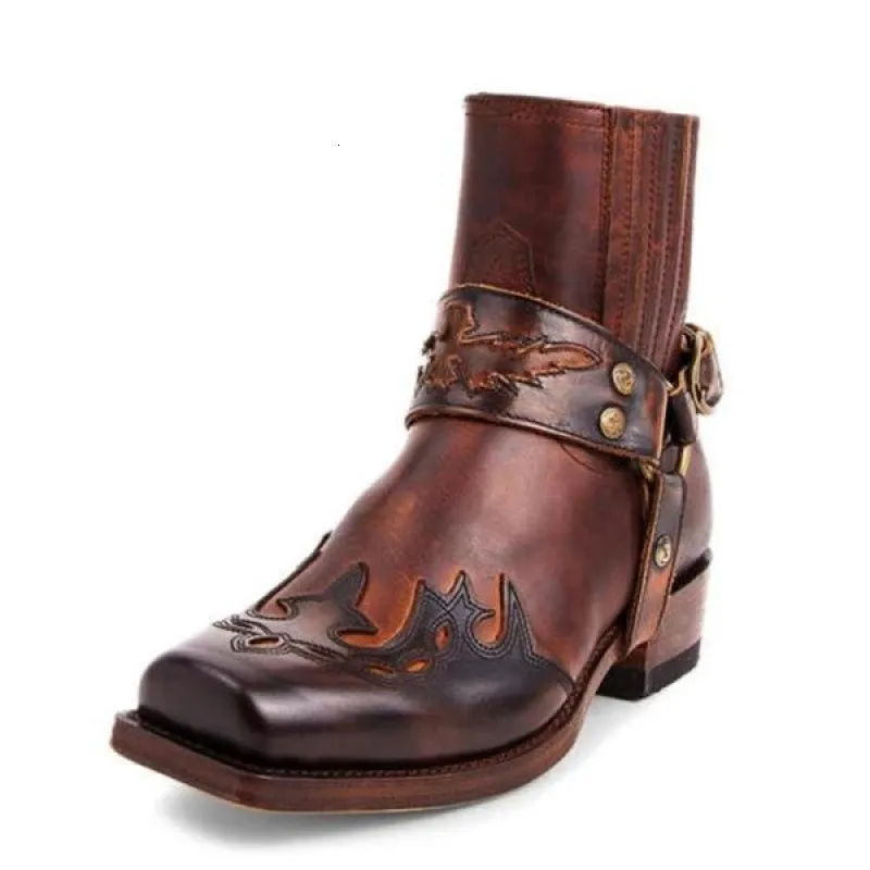 Men's Black Leather Western Cowboy Ankle Boots With Harness Strap_voghion.com