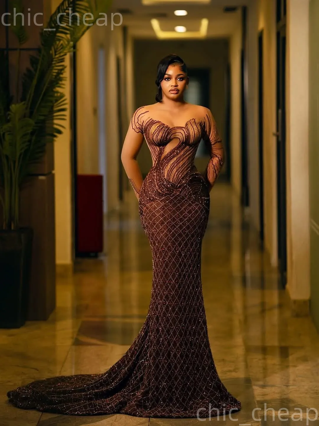 Aso Ebi Mermaid Prom Dress - Brown Illusion Neck Beaded Crystals - Long Formal Evening Gown for Women Party, Birthday, Pageant, Dinner
