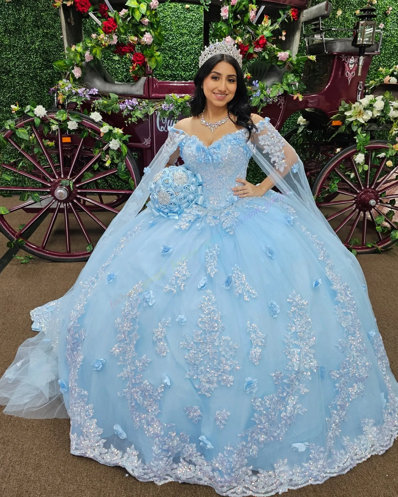 blue debutante dress Light Sky Quinceanera Dress, Sequin Lace Applique, 3D Floral Cape Wrap, Princess Ball Gown for Sweet 16, 15th Birthday, Debutante, Mexican Drama royal blue quinceanera dresses with sleeves