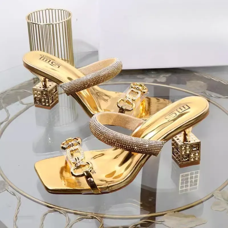 Women's Rhinestone Chain Heeled Mules Square Toe Block Sandals_voghion.com