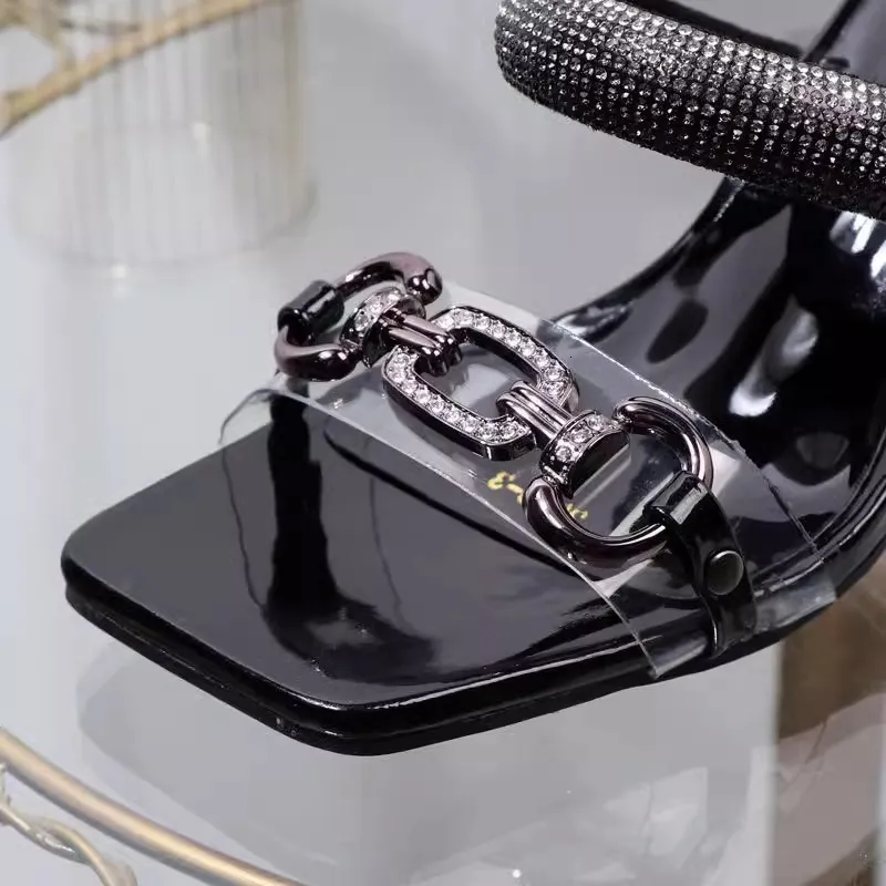 Women's Rhinestone Chain Heeled Mules Square Toe Block Sandals_voghion.com
