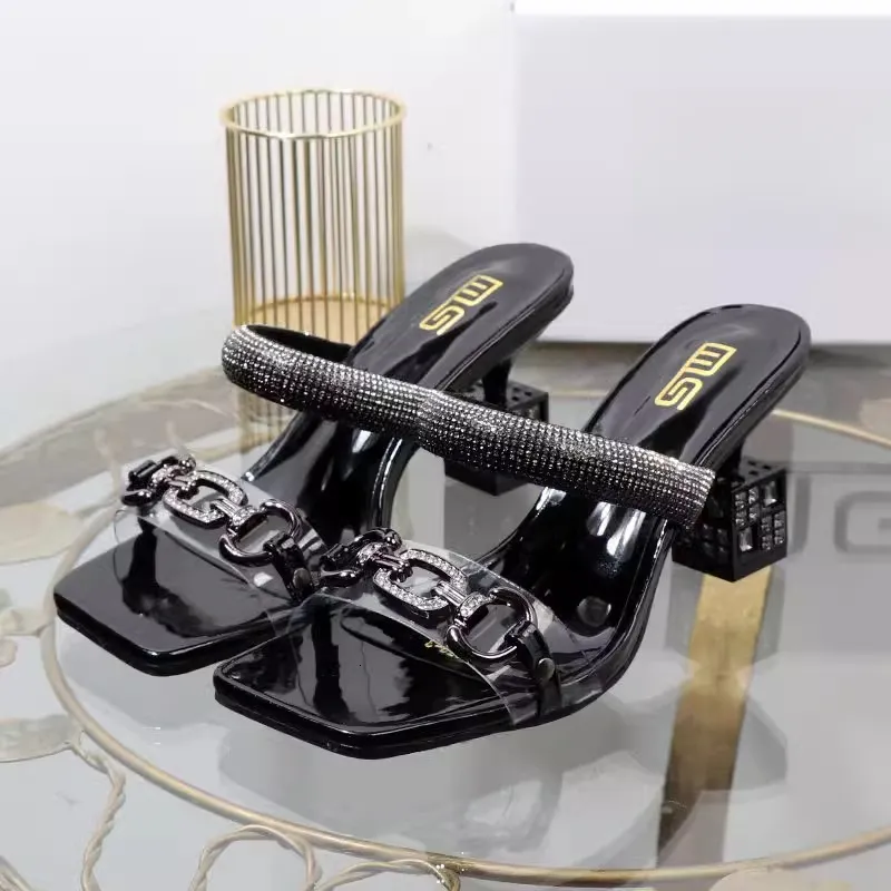 Women's Rhinestone Chain Heeled Mules Square Toe Block Sandals_voghion.com
