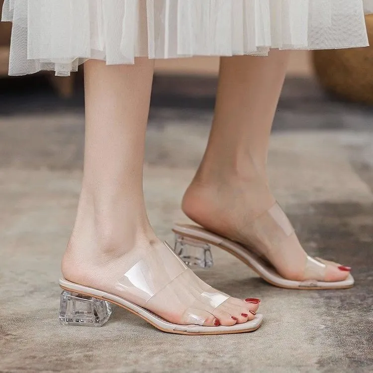 Womens Clear Strap Block Sandals Open Toe Transparent Heel Mules_voghion.com
