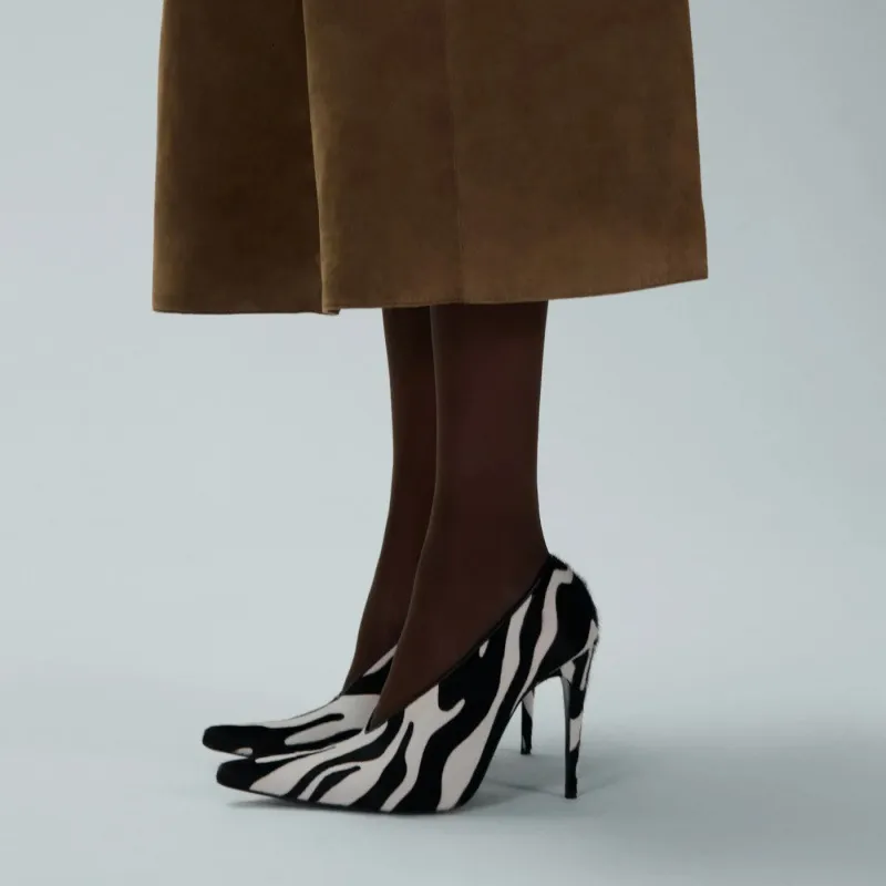 Women's Zebra Print Pointed Toe Stiletto Heels V Cut Pumps_voghion.com