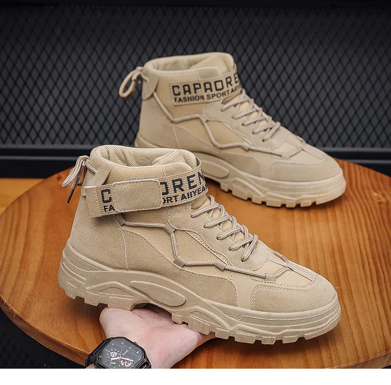 Mens Black High Top Platform Boots With Velcro Strap & Letter Print_voghion.com