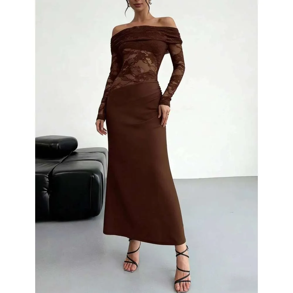 coffee lace dress Dresstells Women Coffee Lace Long Evening Dress Floral Flutter Sleeves Ruched Boat Neck Mermaid Wedding Guest Dress