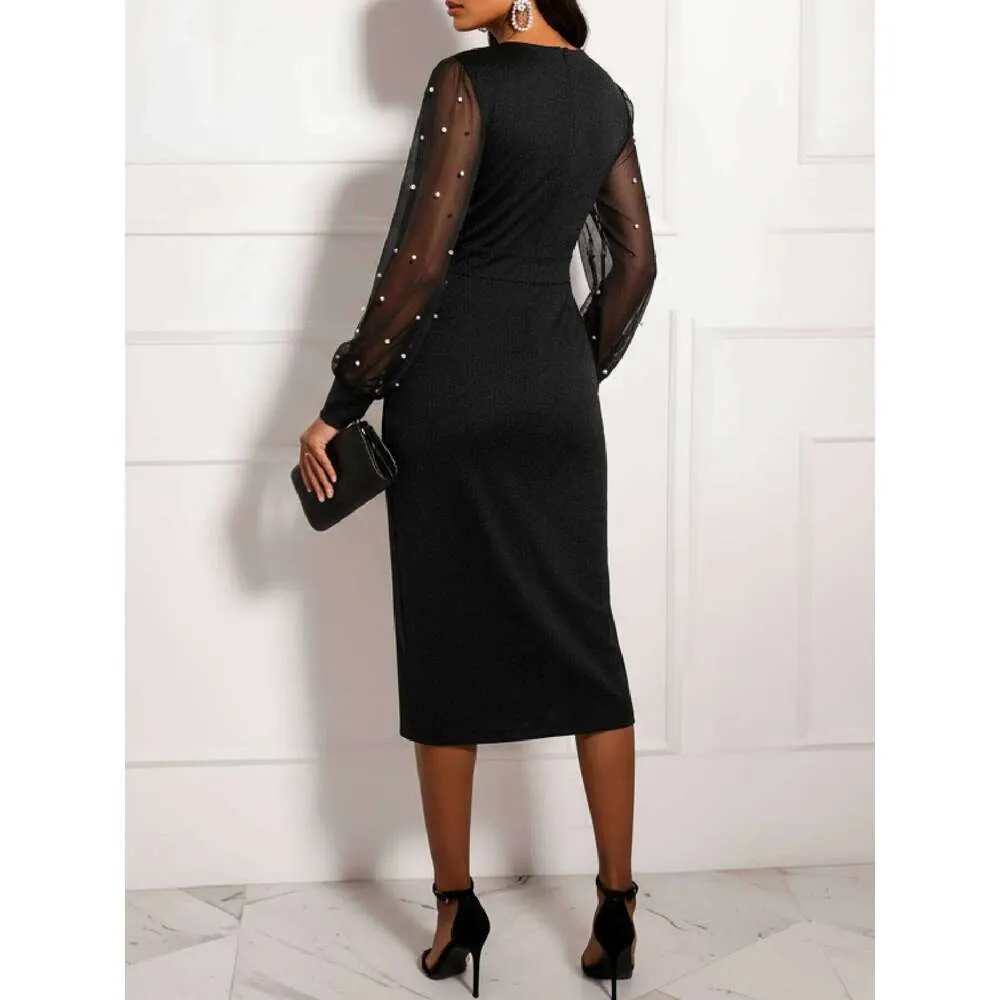 black summer bodycon dress Womens Mesh Pearl Midi - V Neck, Ruched Long Sleeve, High Slit A sky-blue chiffon gown Style Ideas>Spring Summer Essentials shoulder neckline that frames Secondary color:Purple