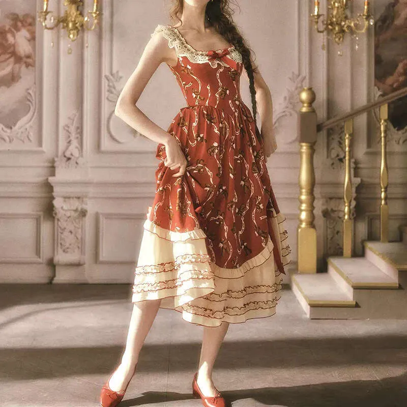red and gold casual dress French Style Long for Women, Square Neck, Bear Pattern, Fishbone Hem Lace, Daily Wear red dress gold jewelry