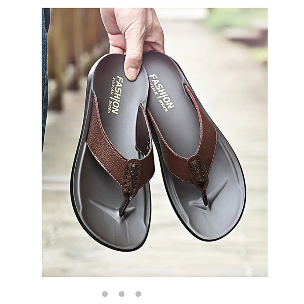Brown Leather Flip Flops For Men Durable Sandals For Beach Wear_voghion.com