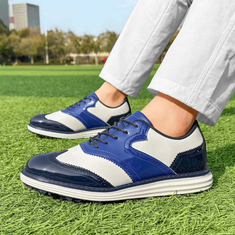 Mens Wingtip Golf Shoes Patent Leather Spikeless Non Slip Flat_voghion.com