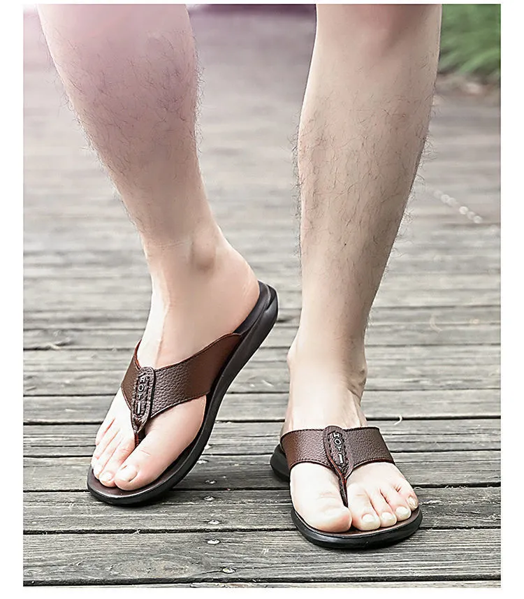Brown Leather Flip Flops For Men Durable Sandals For Beach Wear_voghion.com
