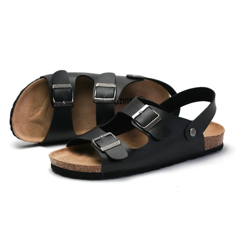 Classic Men Black Double Buckle Cork Sandals Pu Leather Sandals_voghion.com