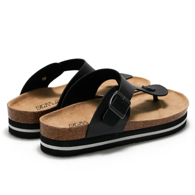 Women’s Black Platform Thong Sandals Pu Leather Cork Flat Sandals_voghion.com