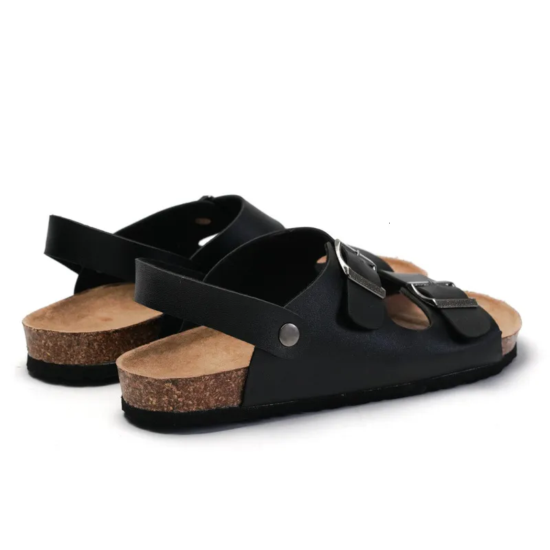 Classic Men Black Double Buckle Cork Sandals Pu Leather Sandals_voghion.com