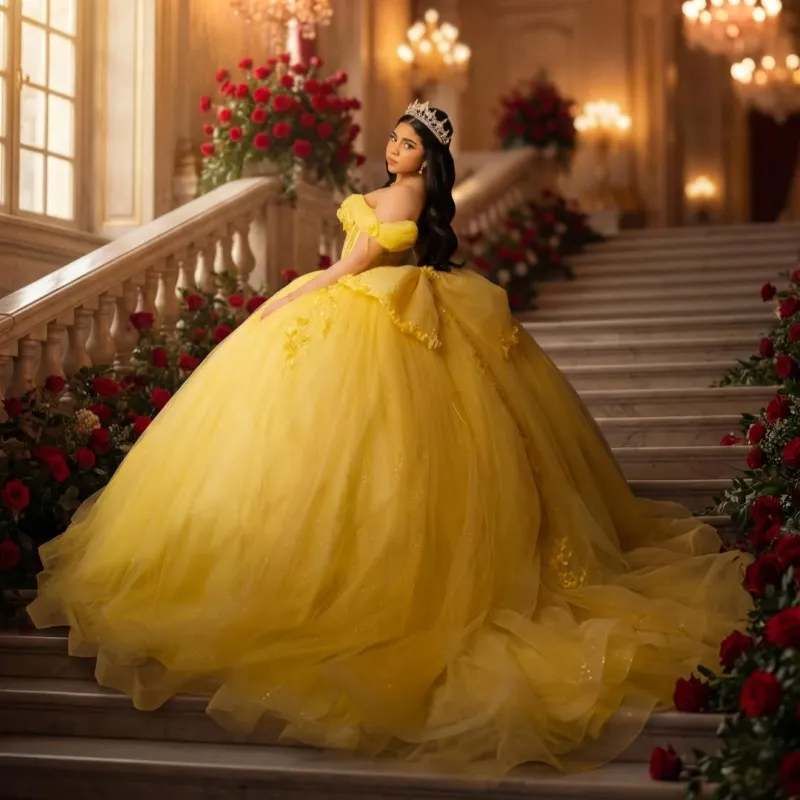 yellow sweet 16 dresses Layla K LK198 Light Up Floral Quince Ball Gown Ball Gown Style Fabric Yellow Shiny Ball Gown Quinceanera