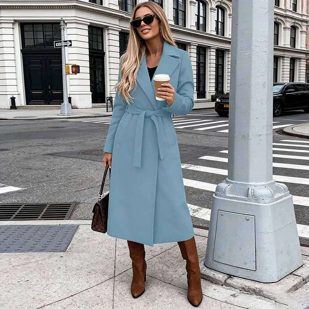 Elegant Dusty Blue Belted Wool Blend Womens Long... From Ycbest, Rs.3,849.28