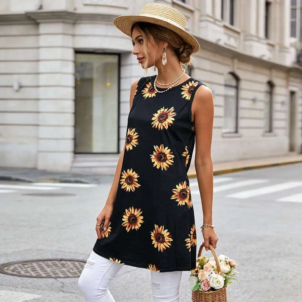 sunflower casual dress SHEIN Sunflower Allover Print Sleeveless Dress With Wide Straps And Ruffle Trim For Tween Girls, Casual Vacation Style