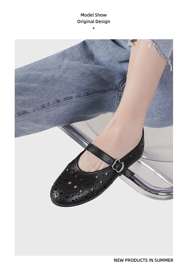Womens Black White Blue Cut Out Mary Jane Flats Breathable For Summer Casual Daily Wear Daily Outfit_vogvips.com