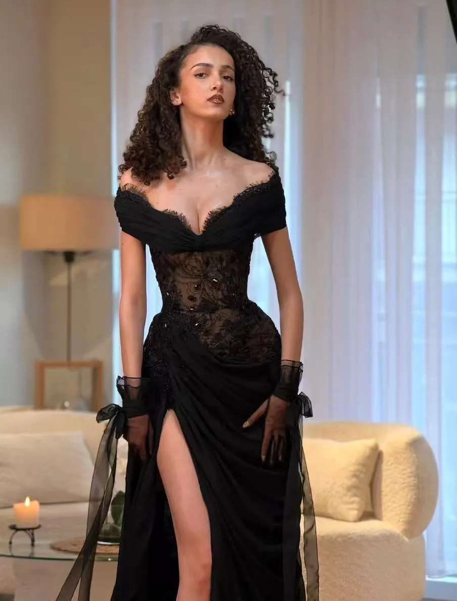 Black Lace Chiffon Prom Dress For Women Long Sexy... From Charm_custom_dress, Rs.13,611.49
