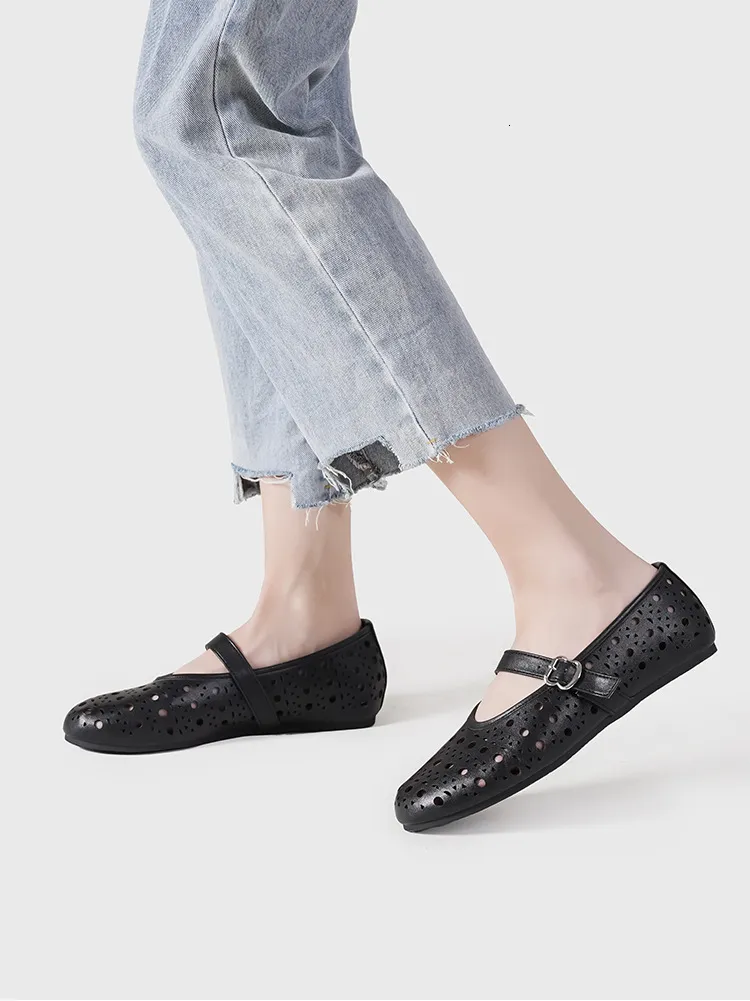 Womens Black White Blue Cut Out Mary Jane Flats Breathable For Summer Casual Daily Wear Daily Outfit_vogvips.com