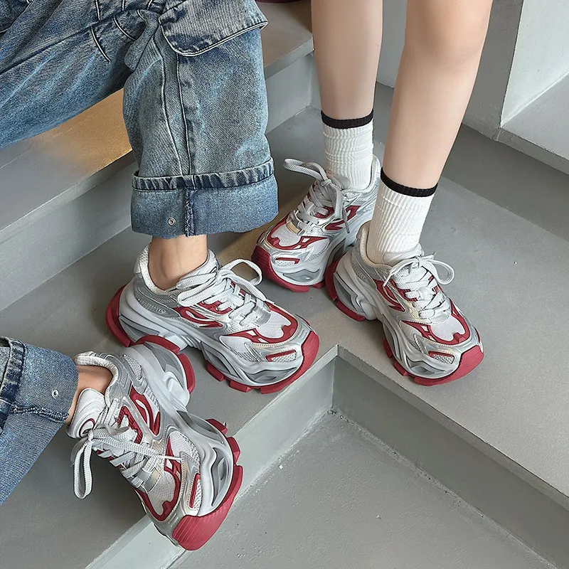 Beige White Chunky Dad Sneakers Breathable Mesh Walking Shoes_voghion.com