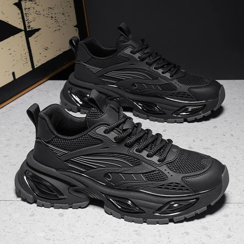 Black Chunky Dad Sneakers Breathable Mesh Platform Sports Shoes_voghion.com