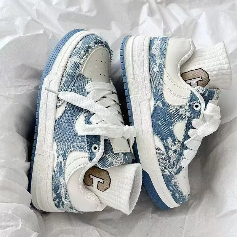 Women's Blue White Denim Patchwork Lace Up Trainers Thick Sole_voghion.com