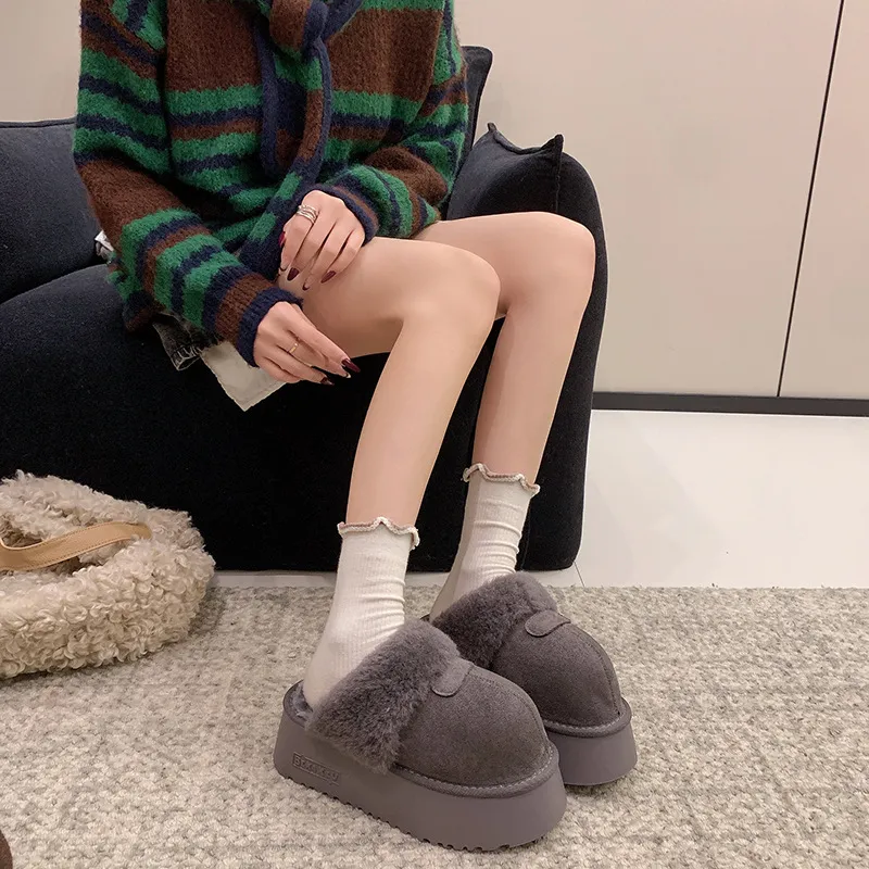 Women's Non-slip Fuzzy Platform Slippers Suede Lined Winter Slides_voghion.com
