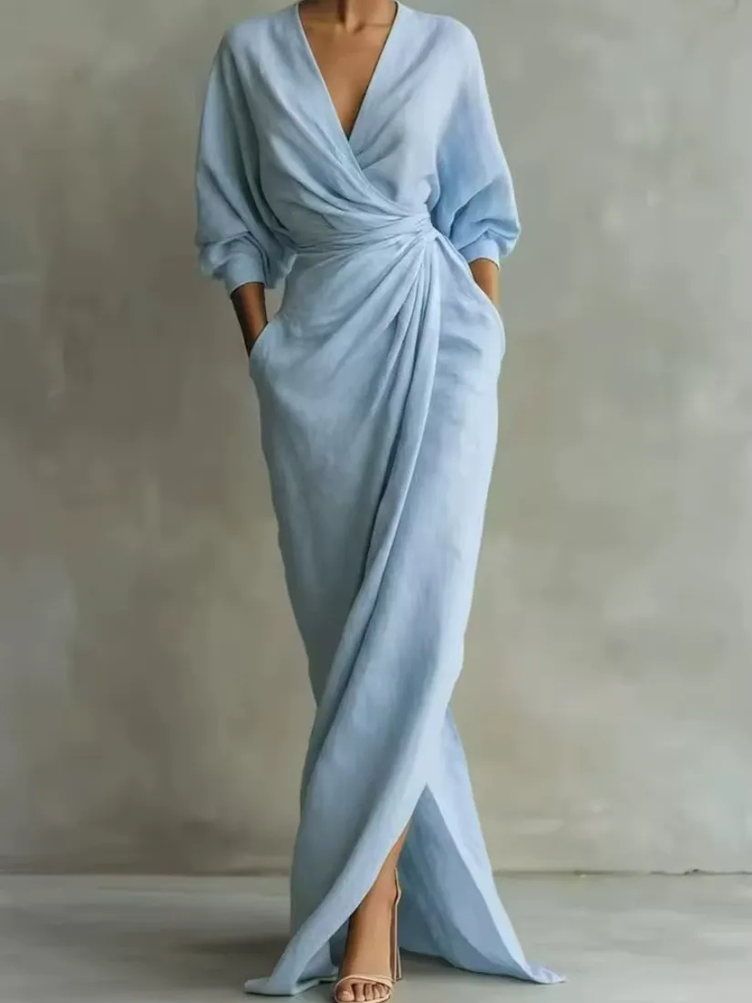 Elegant Solid Color Maxi Wrap Maxi Dress With V Neck,... From Cloudx22, Rs.2,135.91 In Bulk
