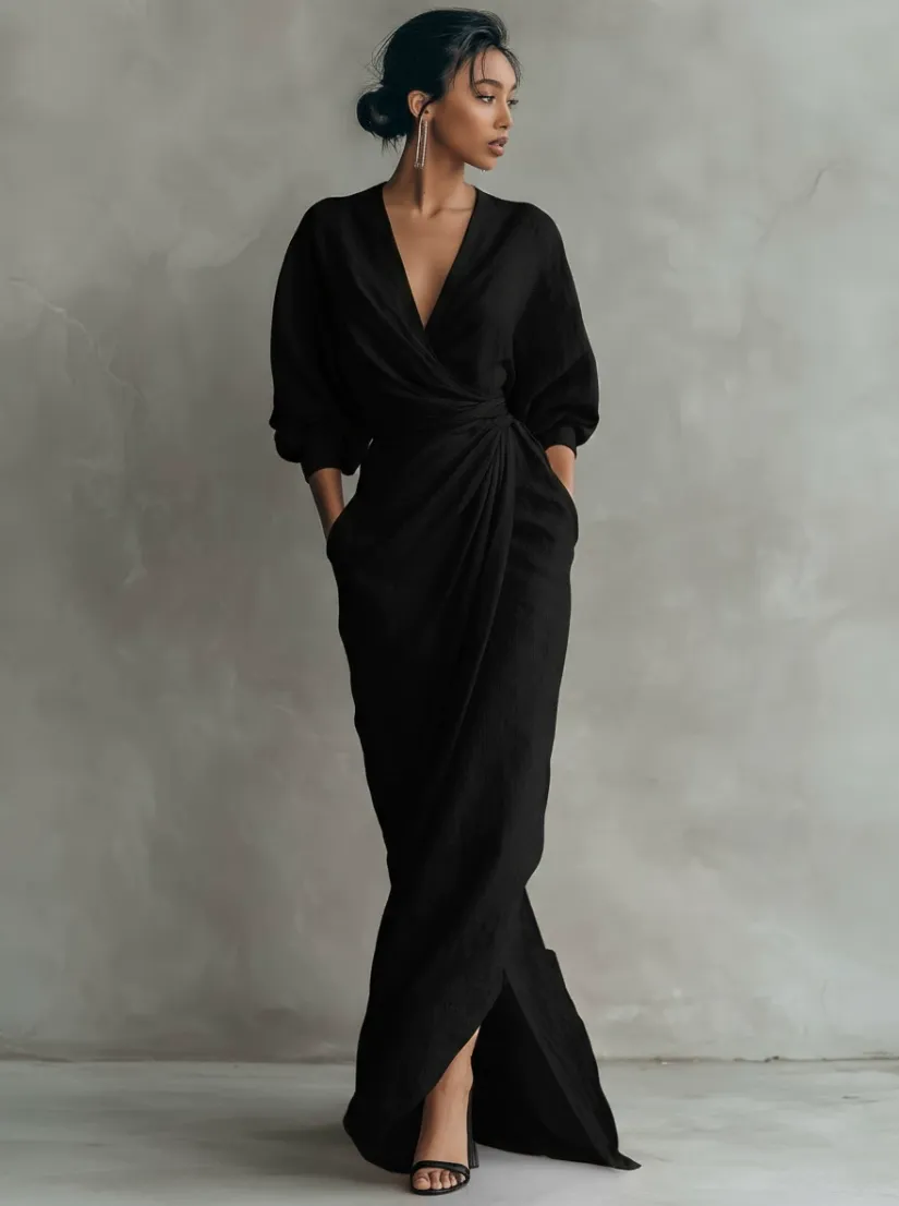 long sleeve wrap dress amazon 2026 New European and American Independent Site Elegant Solid Color V-Neck Slit Waist-Cinched Pocket Maxi Color:Shell Guipure Dress Self Portrait Product code Plus Size Kaftan Dress