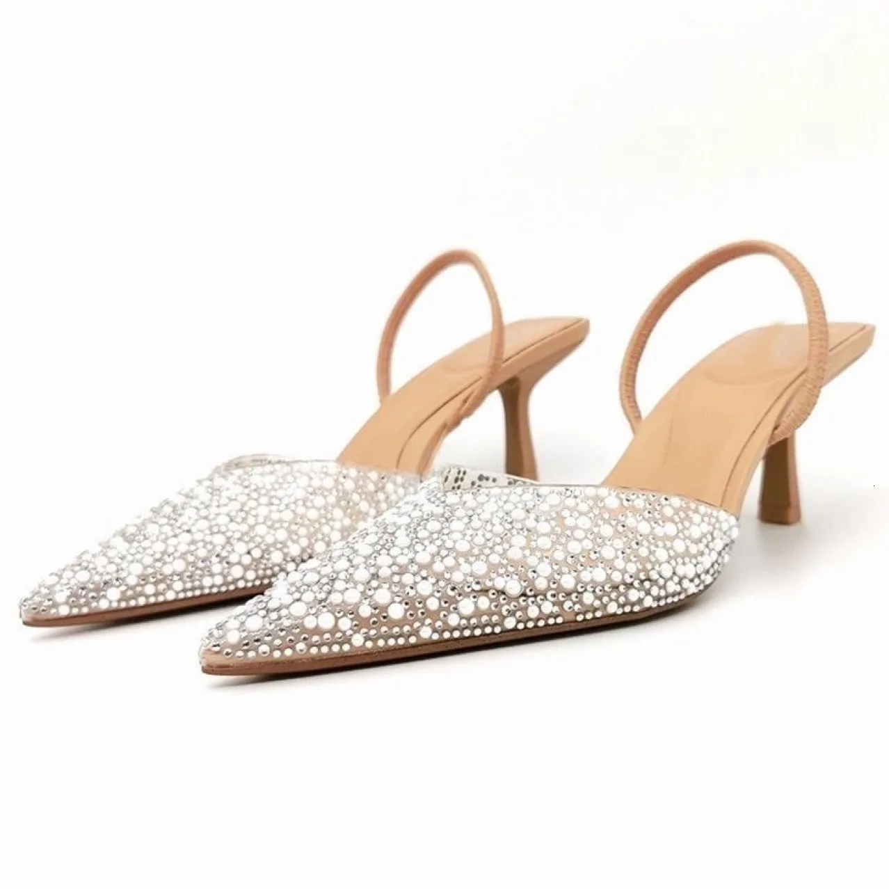 Womens Rhinestone Pearl Slingback Stiletto Heels For Party Wedding_voghion.com