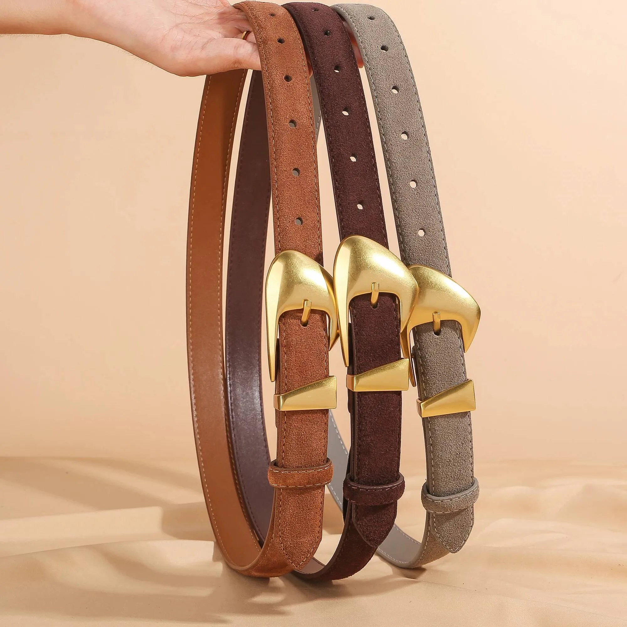 Wide Suede Leather Belt with Gold Buckle for Dresses and Jeans Women main image 3