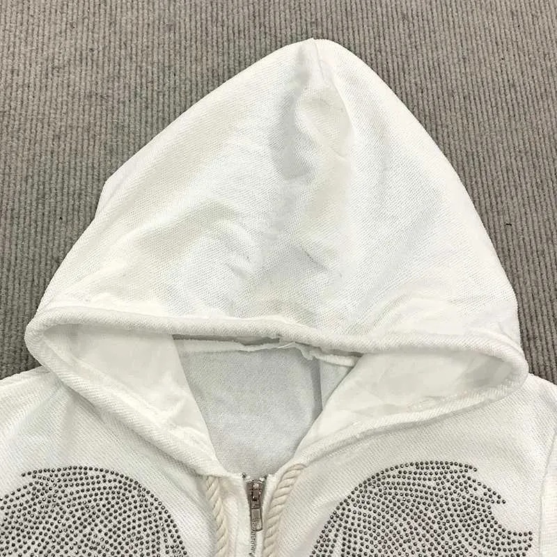 ジップフーディ White Cross Rhinestone Zip Hoo Mens Rhinestone Hoodie White Zip Up Cross Wing Print From