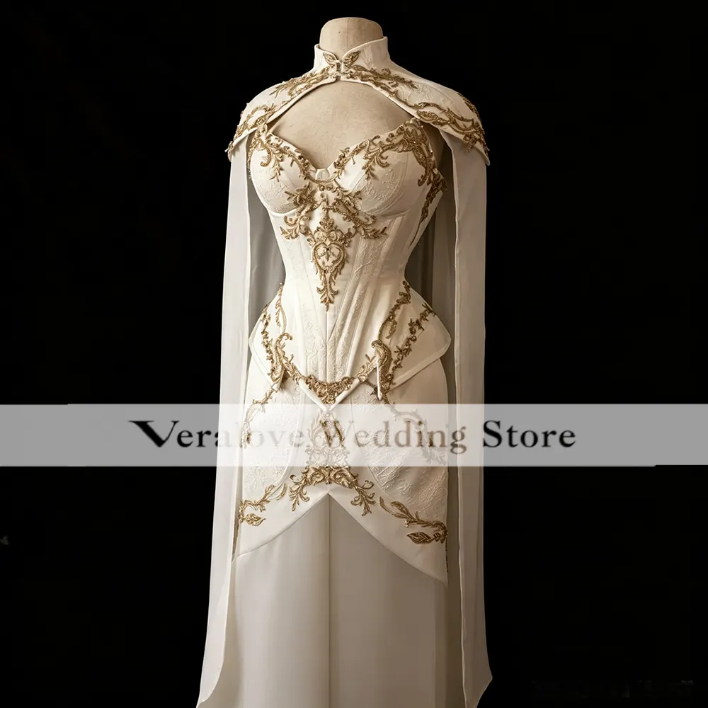 white and gold engagement dress Elegant White Gold Appliqued Wedding Dress With Cape... From Veralove999,  Rs.12,760.67