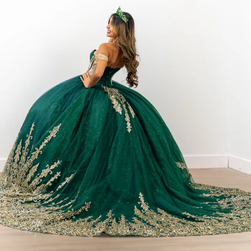 dark green with gold quince dress High-Neck Princesa Quinceaera Dress PR12262 Forest/Rose Gold / 00