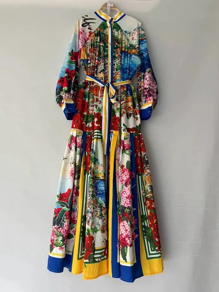 retro full skirt dress Retro Stage 1950s Colorblock Long Sleeve Button Swing Dress