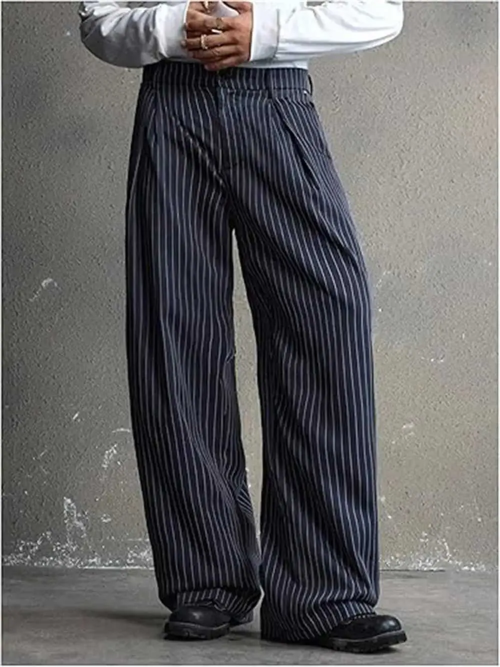 mens baggy dress pants Zacchi Slacks Wide Leg Caramel Lane 36x32 Caramel Fratello Navy Wide Leg Dress Pants Wide Leg Style 11 Inch Wide Leg Openings Side Vents in Back Regular Zipper Cuffed Bottoms Lined to Knee Double Pleated Front Slit Back Pockets with Buttons Triple Closure Solid Navy Color Ultra Soft Poly Microfiber Fabric Pacelli Dark Purple Pleated Baggy